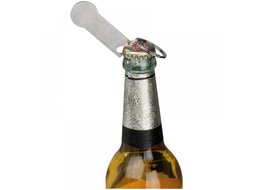 Szary metalowy brelok z żetonem i otwieraczem z logo