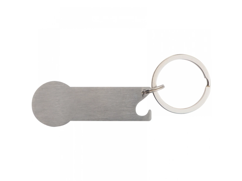 Szary metalowy brelok z żetonem i otwieraczem z logo
