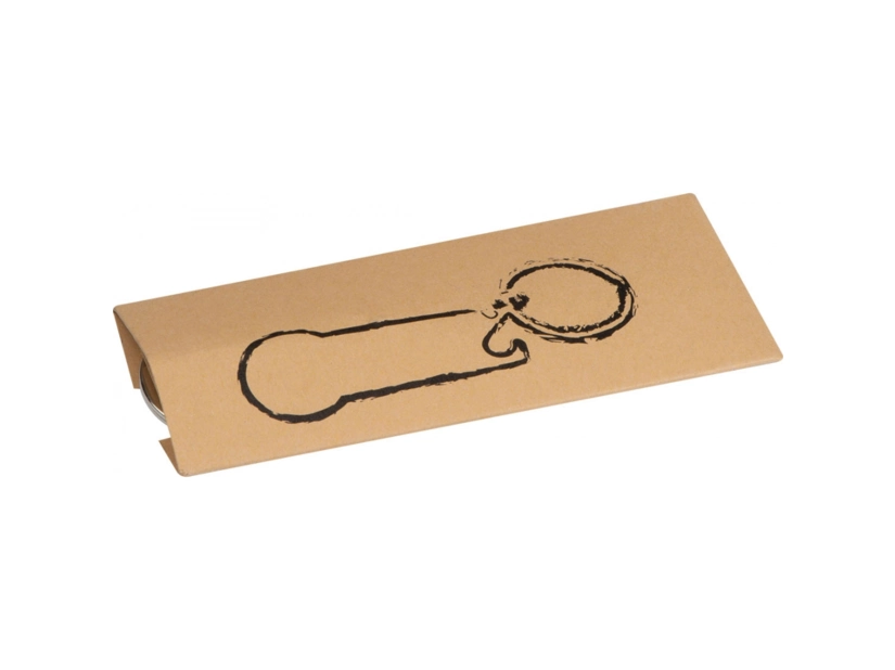 Szary metalowy brelok z żetonem i otwieraczem z logo