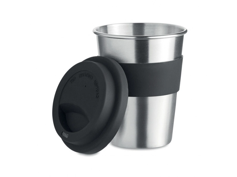 Kubek metalowy 350 ml czarny z silikonową pokrywką i logo