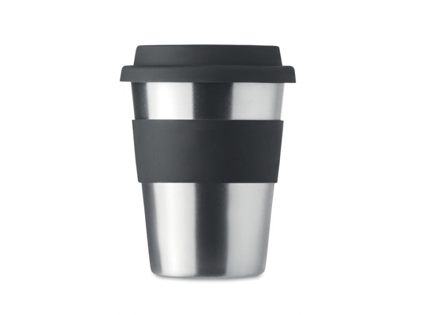 Kubek metalowy 350 ml czarny z silikonową pokrywką i logo