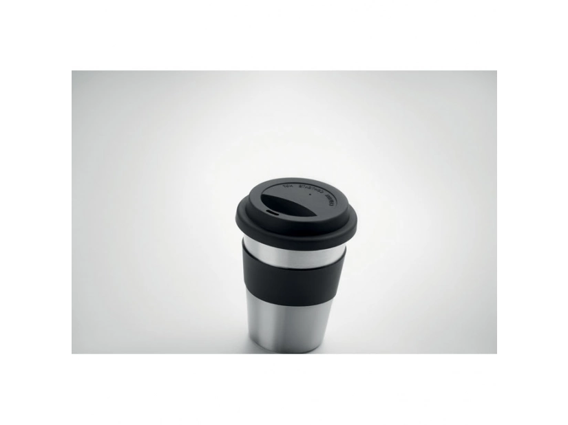 Kubek metalowy 350 ml czarny z silikonową pokrywką i logo