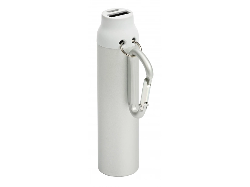 Biały power bank z karabińczykiem i logo, LED, 3000mAh