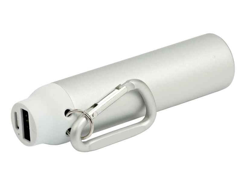 Biały power bank z karabińczykiem i logo, LED, 3000mAh