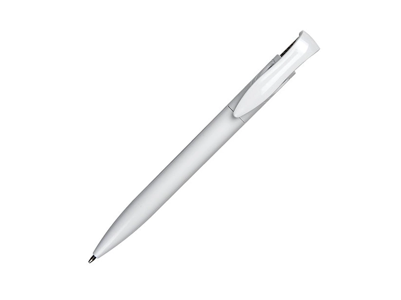 Biały długopis plastikowy z czarnym akcentem i logo