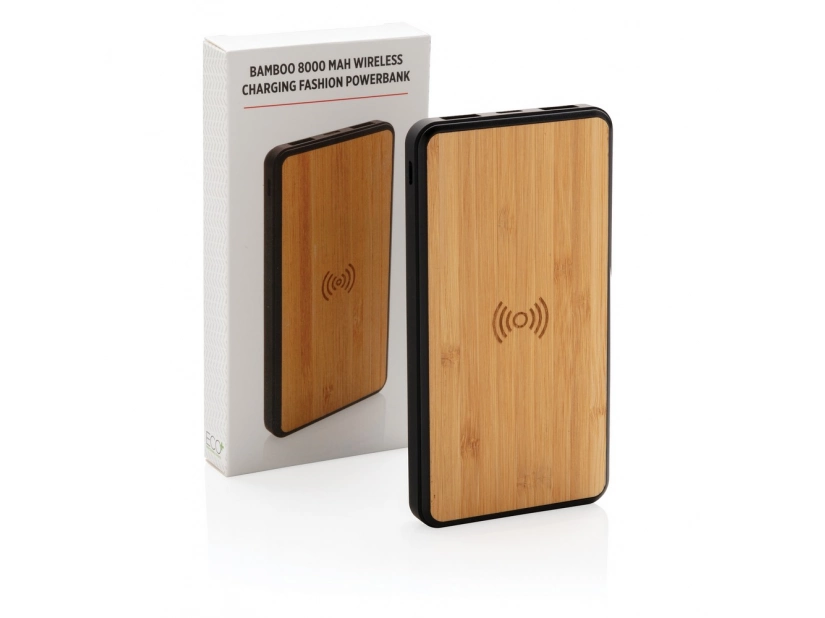 Power bank 8000mAh z ładowaniem bezprzewodowym w bambusowej obudowie