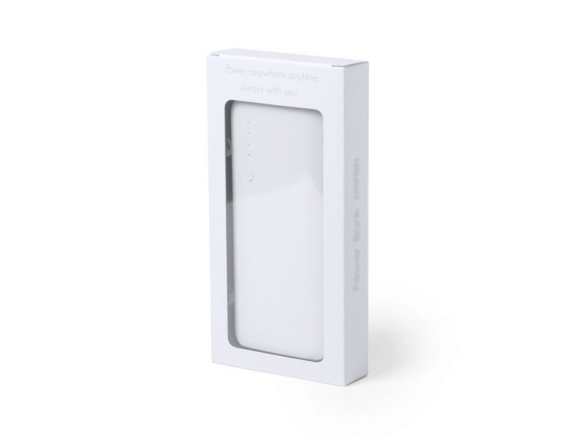 Biały power bank 10000 mAh z logo i latarką LED ABS