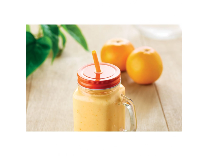 Szklany kubek przypominający słoik, pomarańczowy kolor