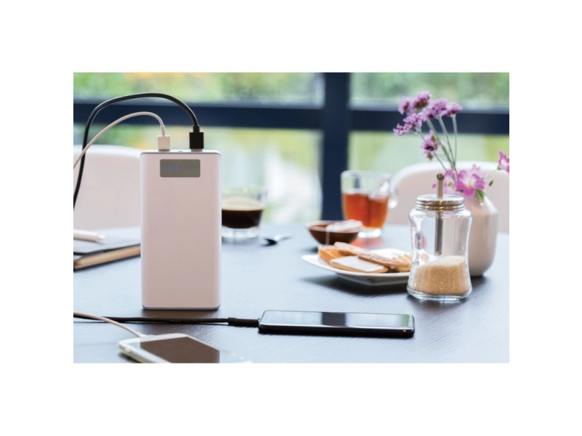 Biały power bank ABS 20000 mAh z logo – gadżet firmowy