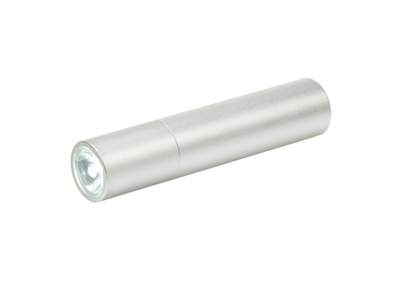 Okrągły metalowy power bank z latarką oraz uchwytem na smycz - srebrny