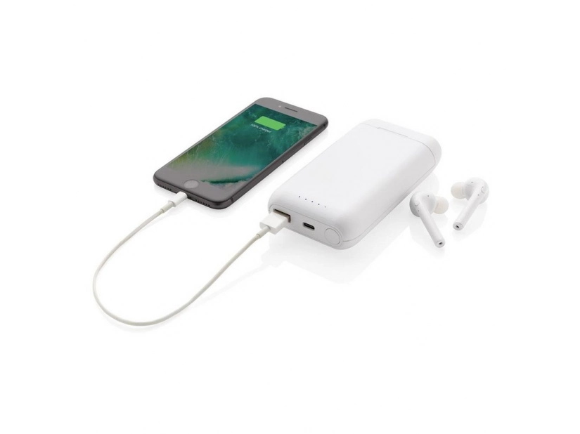 Reklamowy power bank 5000mAh ze słuchawkami bezprzewodowymi, nadruk logo