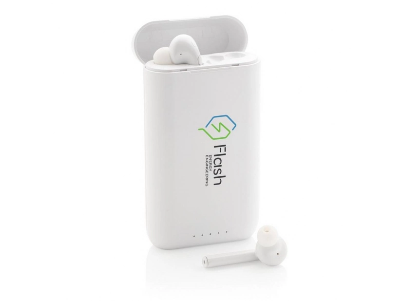 Reklamowy power bank 5000mAh ze słuchawkami bezprzewodowymi, nadruk logo