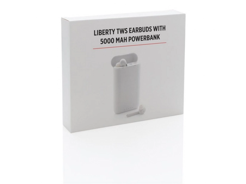 Reklamowy power bank 5000mAh ze słuchawkami bezprzewodowymi, nadruk logo