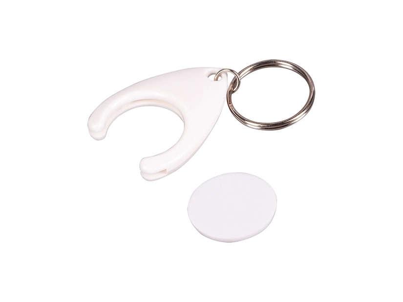 Biały brelok z żetonem do wózka z nadrukiem logo