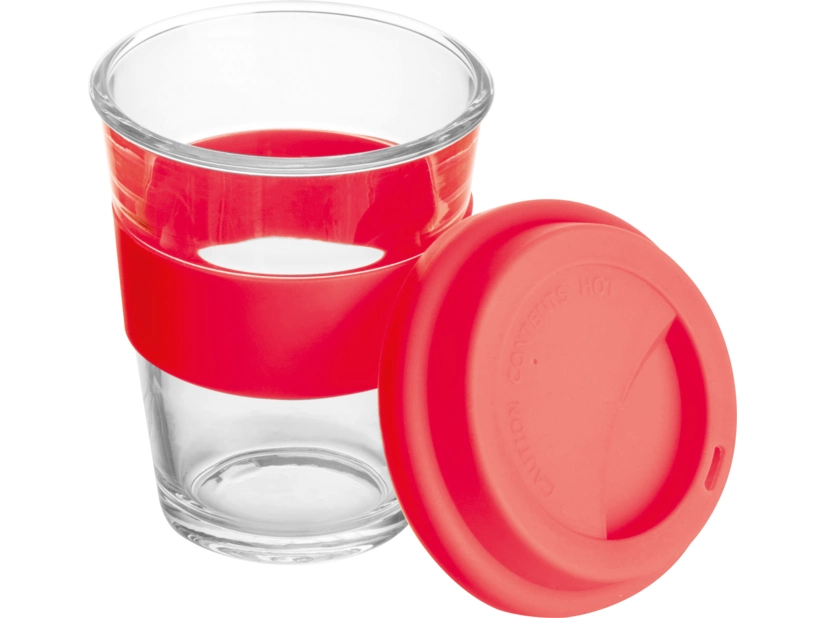Szklany kubek z pokrywką 300 ml, czerwony