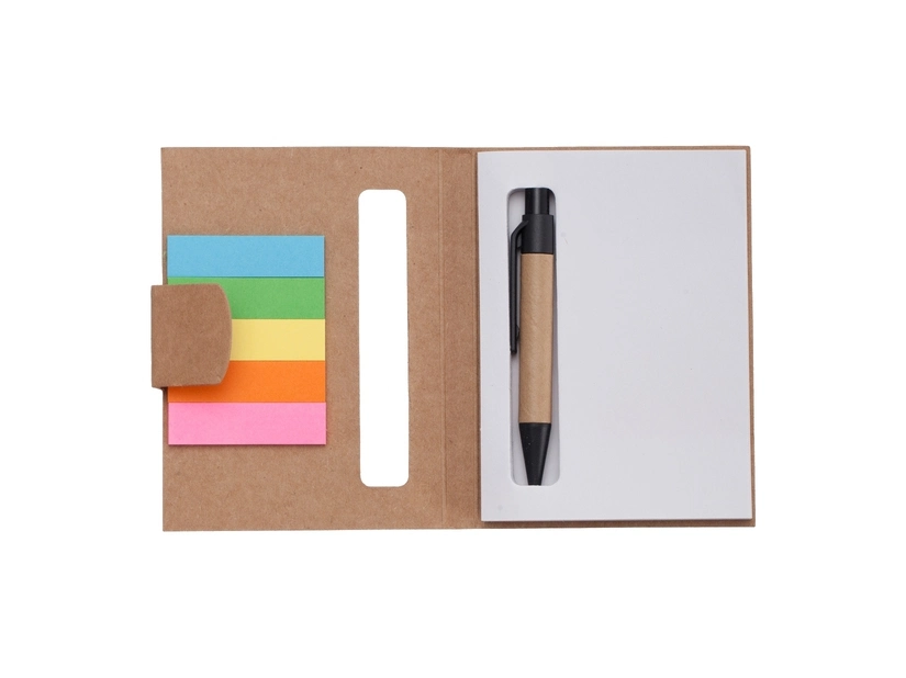 Beżowy mini notes z logo, długopisem i kolorowymi karteczkami
