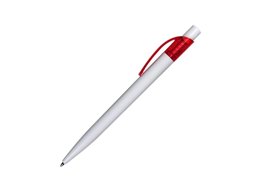 Biały długopis plastikowy z czerwonym klipsem i logo firmy