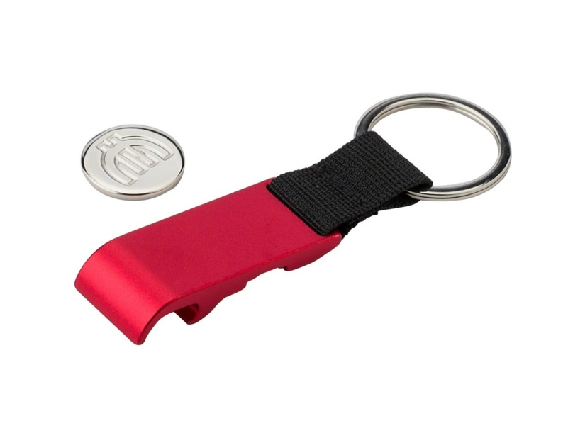 Czerwony brelok 3w1 z otwieraczem, żetonem i logo firmy