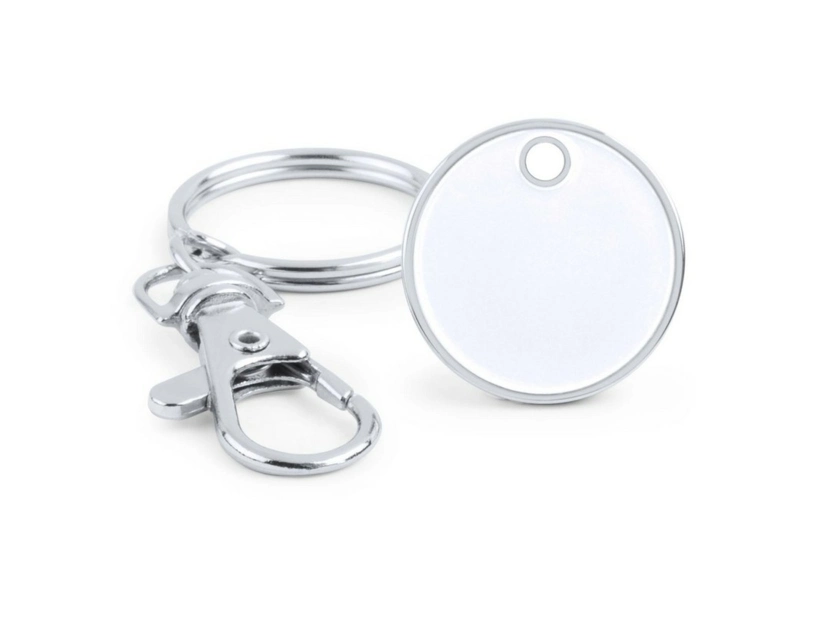 Biały metalowy brelok z żetonem do wózka z logo firmy