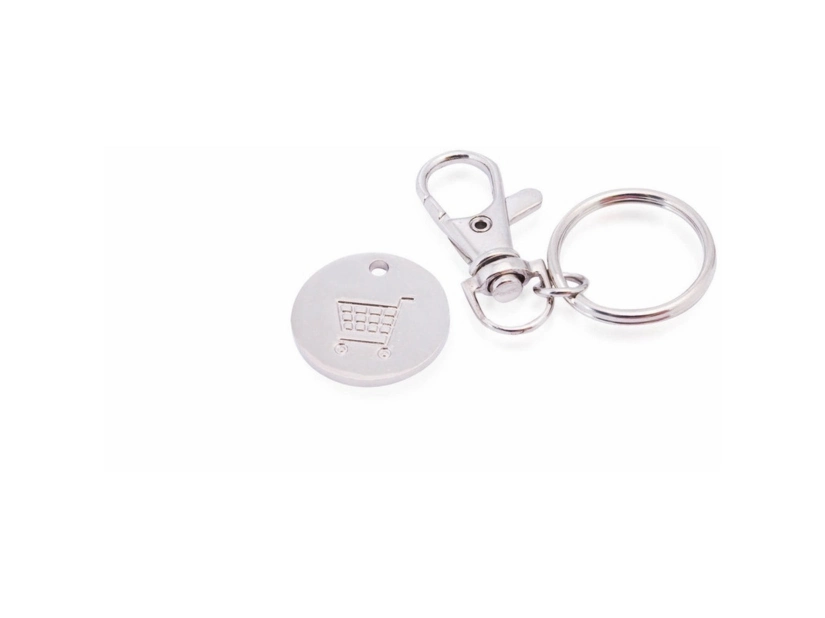 Biały metalowy brelok z żetonem do wózka z logo firmy