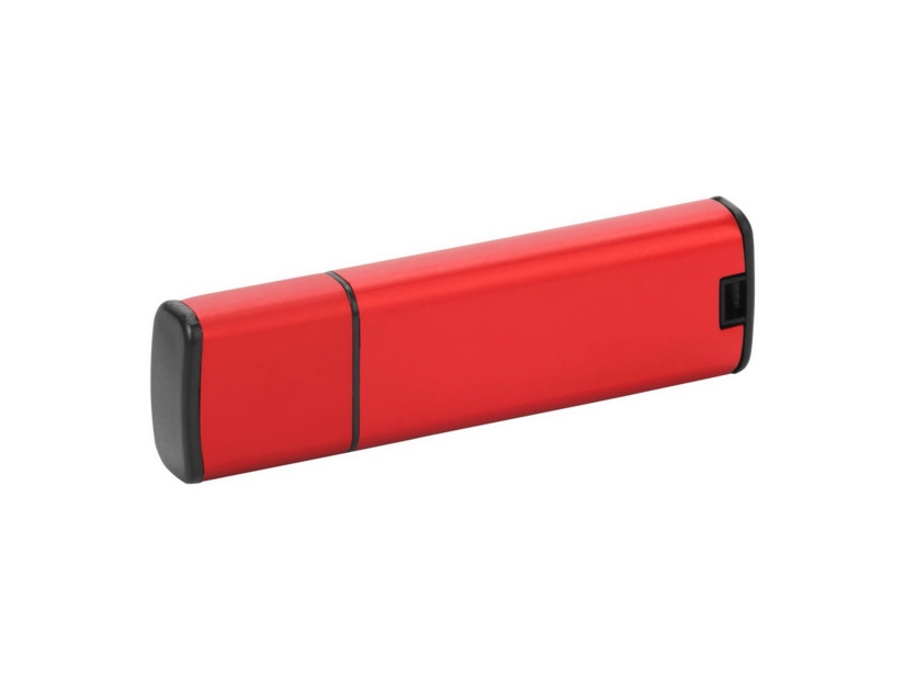 Czerwony pendrive metalowy z czarną zatyczką i logo