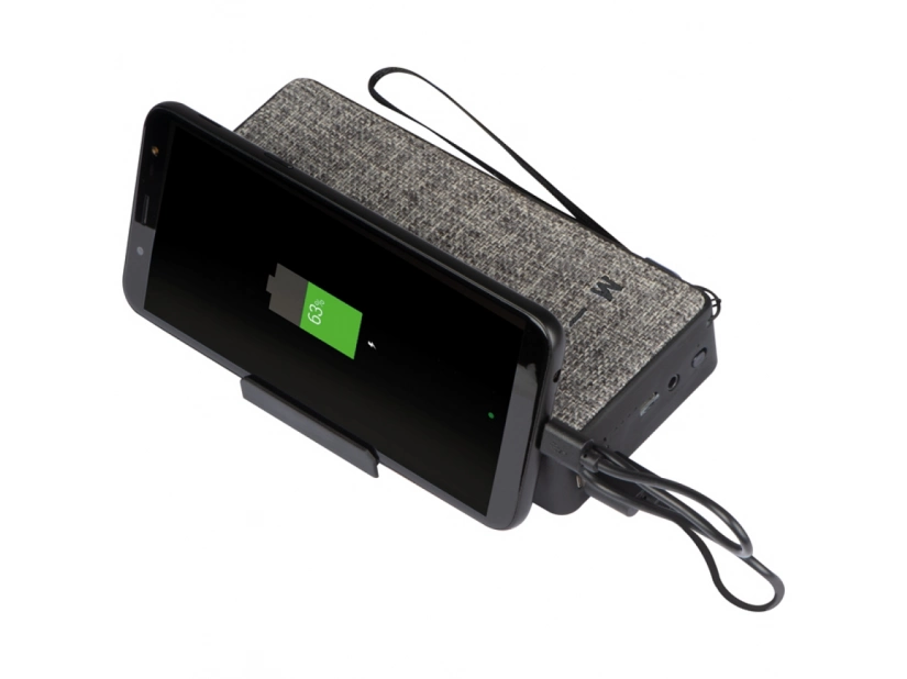 Reklamowy power bank 8000 mAh z głośnikiem oraz podstawką do telefonu