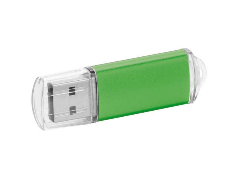 Zielony pendrive metalowy z logo, oczkiem i nasadką USB