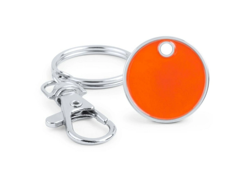 Pomarańczowy brelok metalowy z żetonem do wózka i logo