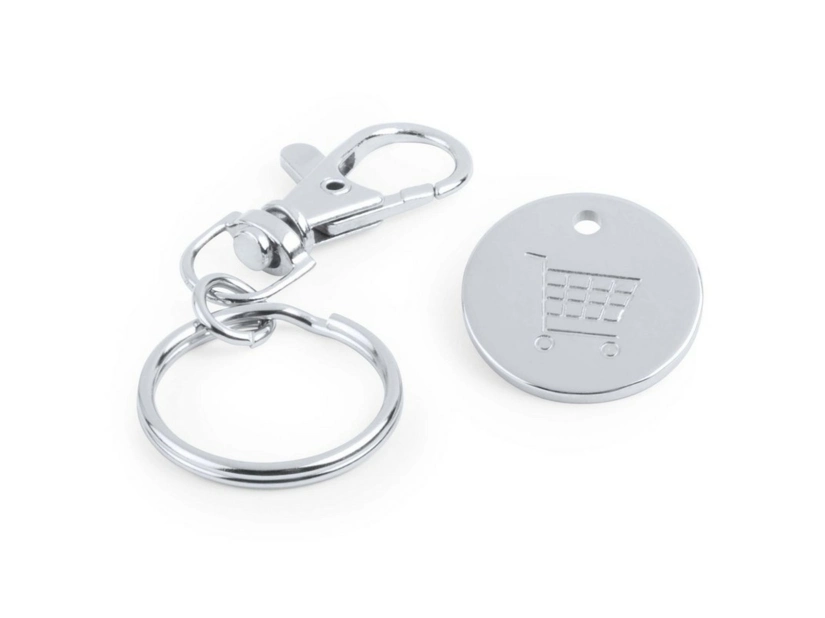 Pomarańczowy brelok metalowy z żetonem do wózka i logo