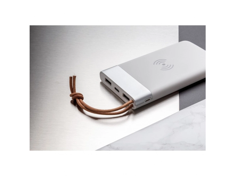 Biały powerbank bezprzewodowy 8000 mAh z logo firmy