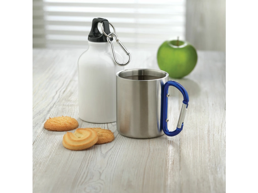 Kubek stalowy 220 ml z granatowym karabińczykiem i logo