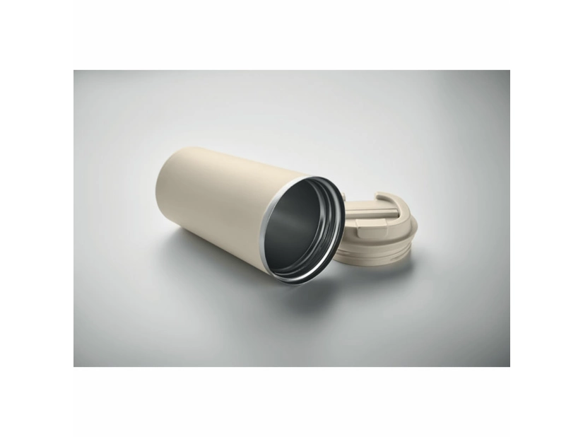 Beżowy kubek metalowy 510ml z pokrywką i nadrukiem