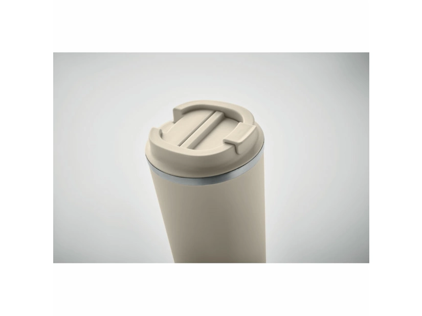 Beżowy kubek metalowy 510ml z pokrywką i nadrukiem