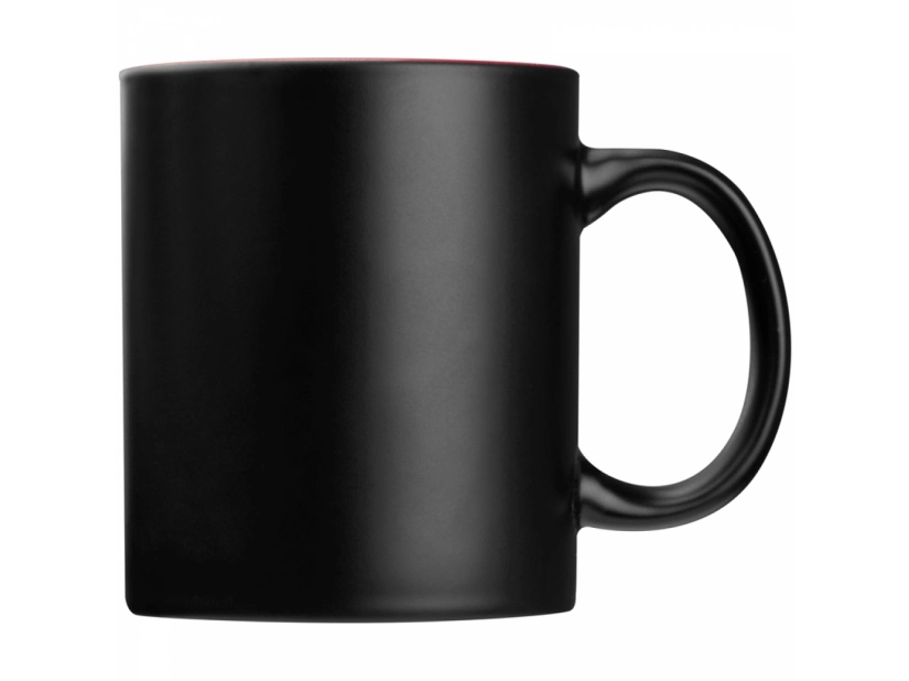 Czarny reklamowy kubek ceramiczny do graweru logo, 300 ml - czerwone wnętrze