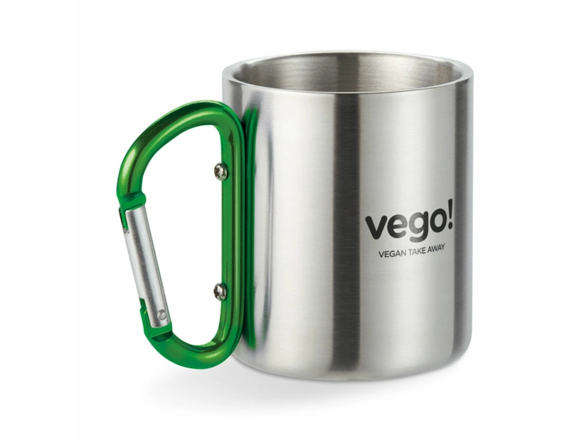 Kubek metalowy z zielonym karabińczykiem 220ml z logo