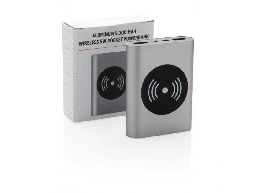 Szary aluminiowy bezprzewodowy power bank 5000 mAh