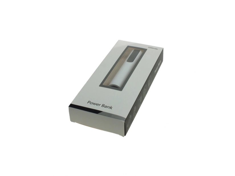 Biały Power bank reklamowy o pojemności 2200 mAh z czanym kolorowym elementem