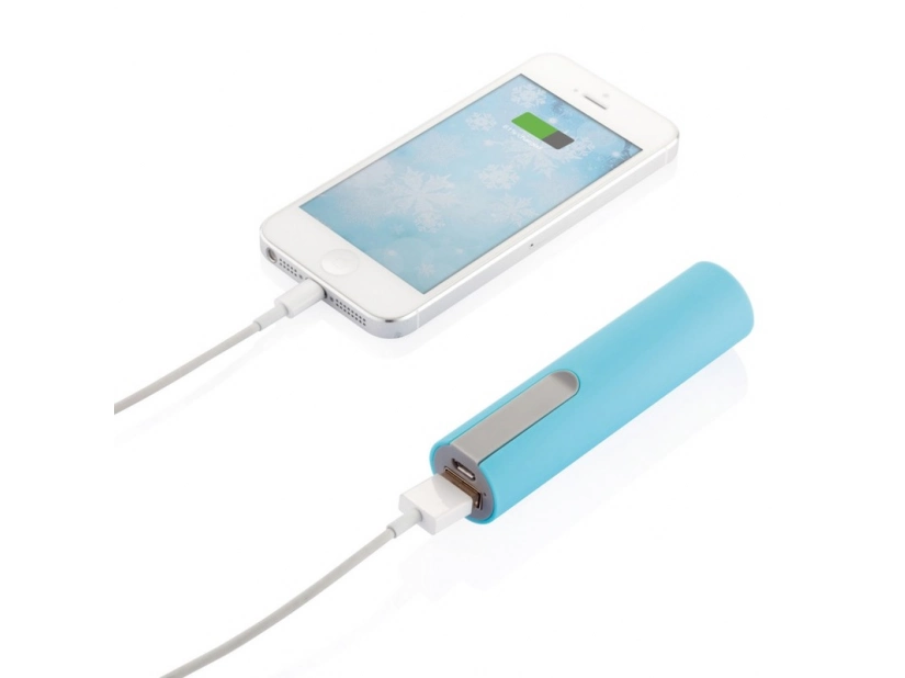 Kompaktowy power bank z akumulatorem 2200mAh niebieski kolor, nadruk logo