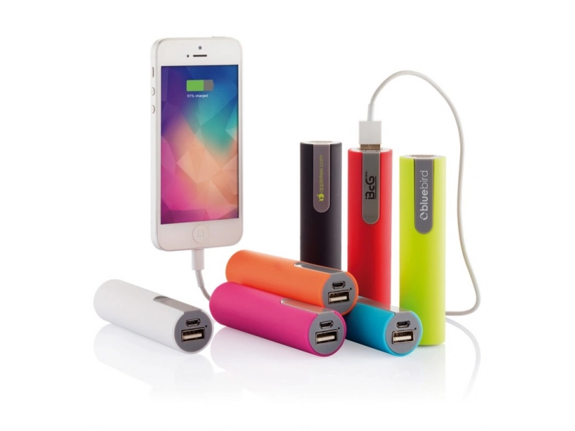 Kompaktowy power bank z akumulatorem 2200mAh niebieski kolor, nadruk logo