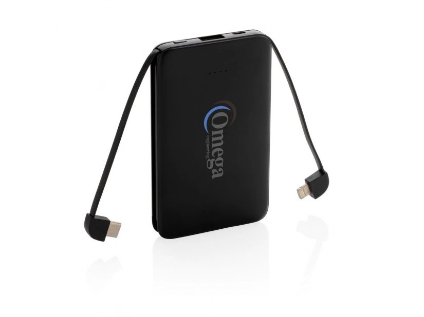 Czarny power bank 5000 mAh, z zintegrowanym kablem 3 w 1