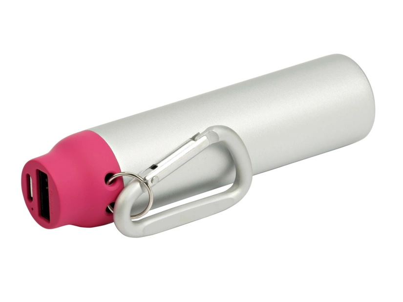 Powerbank różowy metalowy z karabińczykiem i grawerem logo