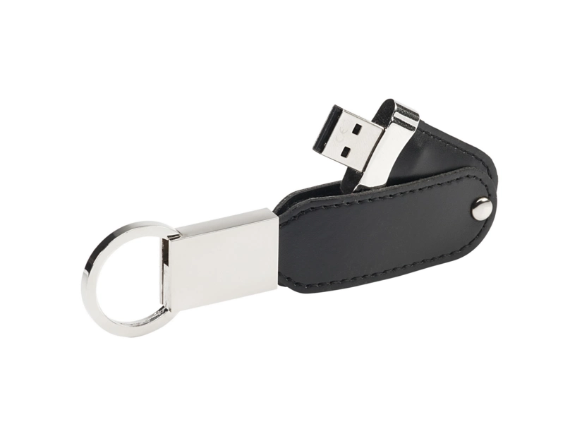 Czarny pendrive skórzany z metalowym brelokiem i logo