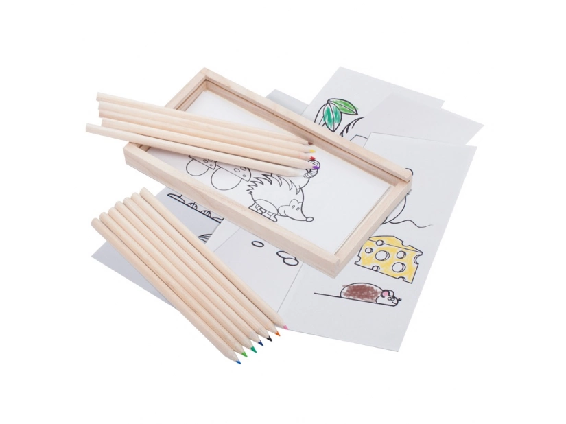 Brązowe kredki reklamowe w drewnianym pudełku z logo