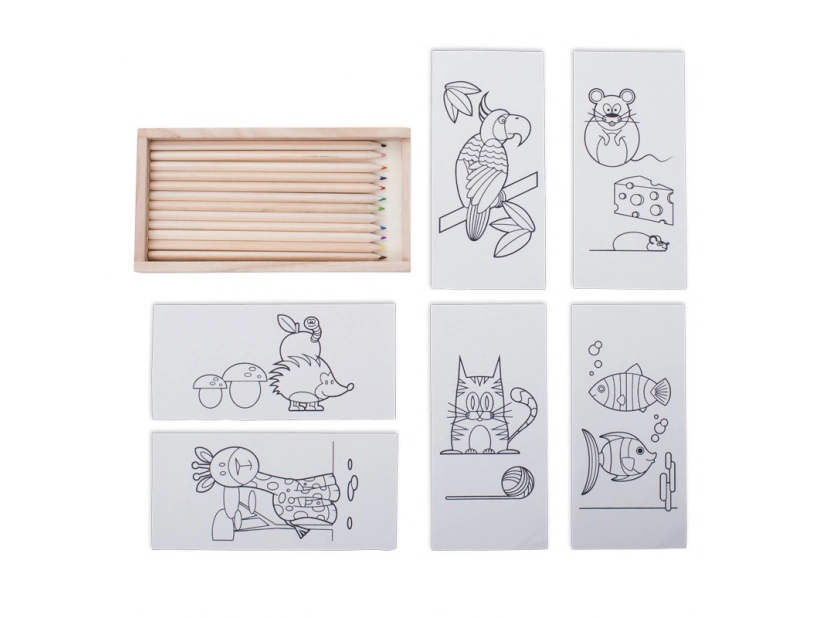 Brązowe kredki reklamowe w drewnianym pudełku z logo