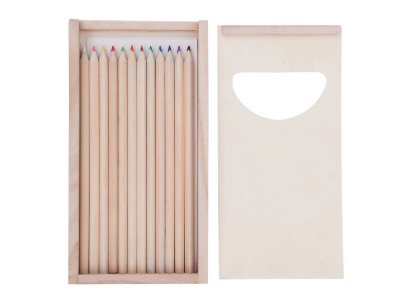 Brązowe kredki reklamowe w drewnianym pudełku z logo