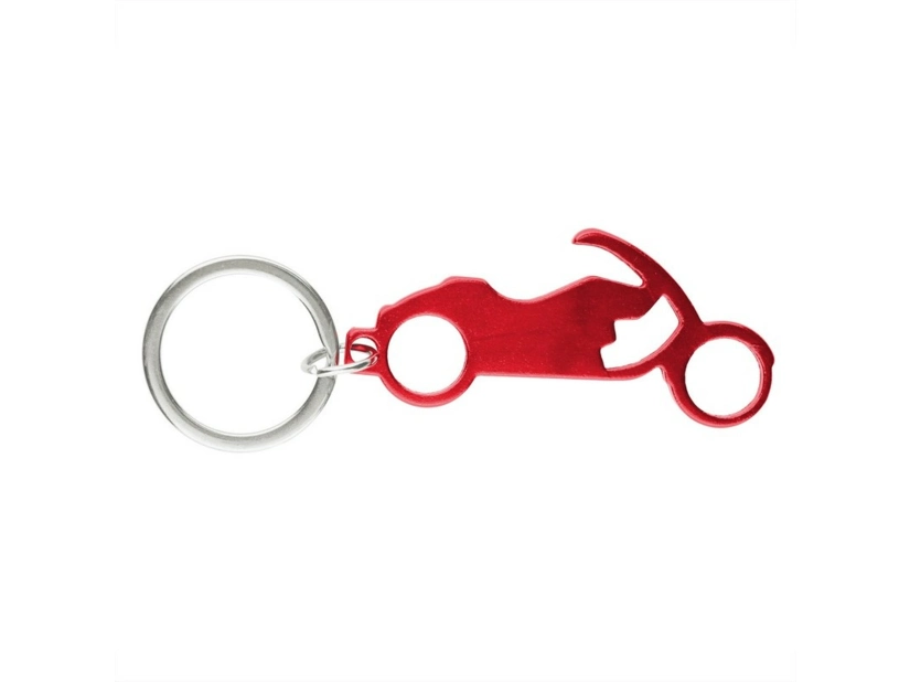Czerwony brelok motocyklowy z logo i otwieraczem aluminium