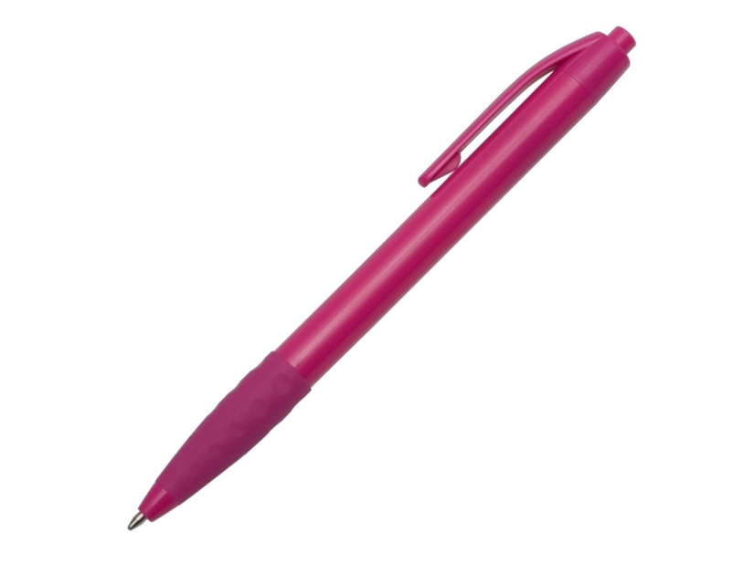Różowy długopis reklamowy z logo, gumowy uchwyt
