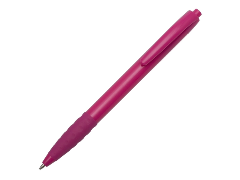 Różowy długopis reklamowy z logo, gumowy uchwyt