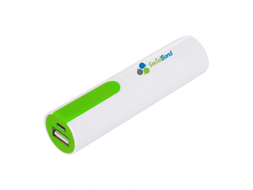 Powerbank 2200 mAh biały z zielonym akcentem i nadrukiem logo