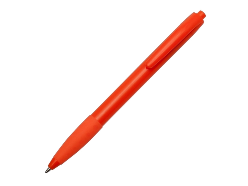 Pomarańczowy długopis reklamowy z gumą i logo firmy